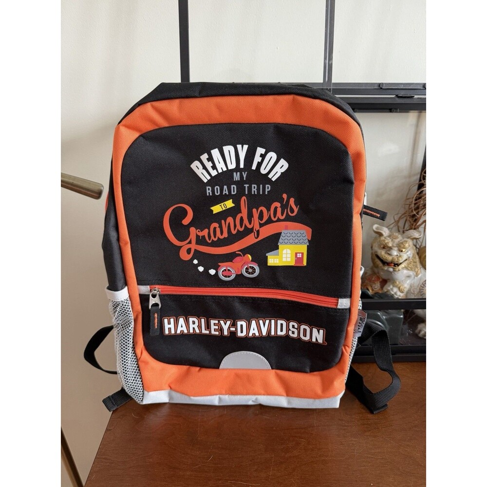 Harley Davidson Ready for My Road Trip To Grandpa's Backpack Black Orange NEW